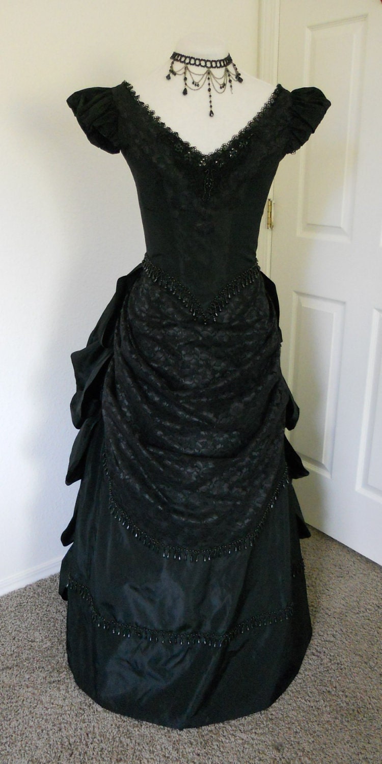 Victorian Gothic Bustle Style Ball Gown In Black Taffeta