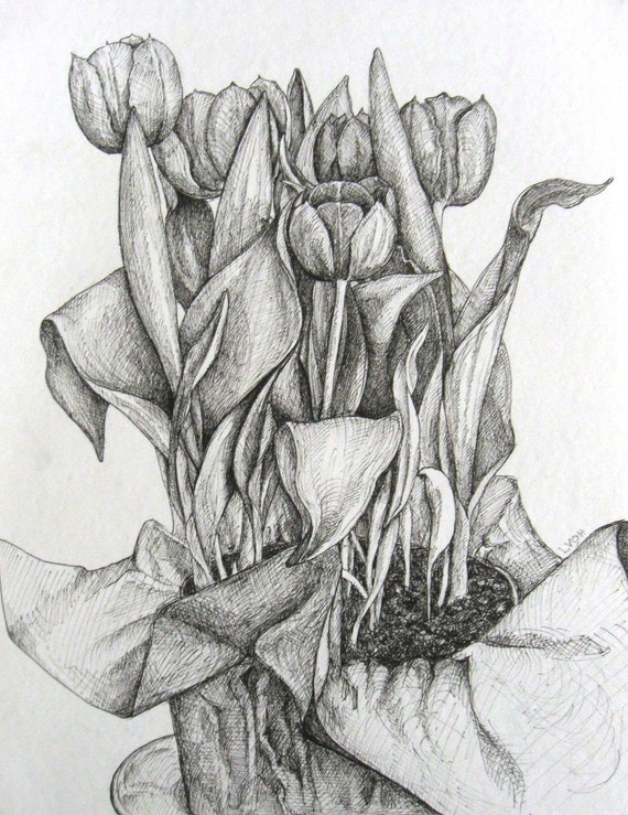 Items similar to Tulips original black and white pen and ink botanical ...