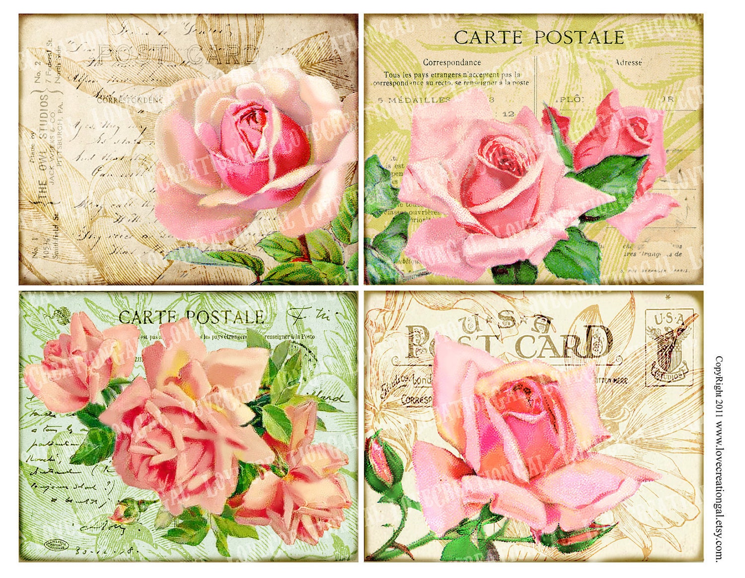 template postcard photo collage Flower 4x5 Vintage Botanical ATC French Cottage Rose Paris