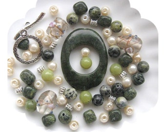 Bead Kit Green Jasper Frame Pendant Focal Pewter Gemstone Beads DIY Jewelry Kits Beads a Plenty ™