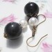 Black Earrings - Black Czech Glass Beads, White Glass Pearls, Antiqued Brass Hooks