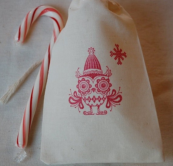 10 Red Christmas Argyle Owl Favor Gift Bag Set Organic Muslin Cotton - 4x6 Il_570xn
