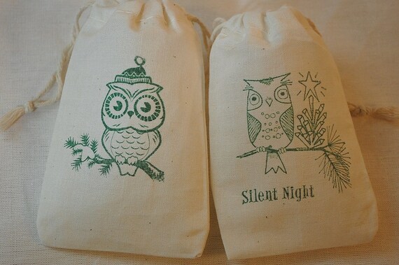 20 Green Christmas Owls Gift Bags - Organic Muslin Cotton Favor Gift Bags 3x5 Il_570xn