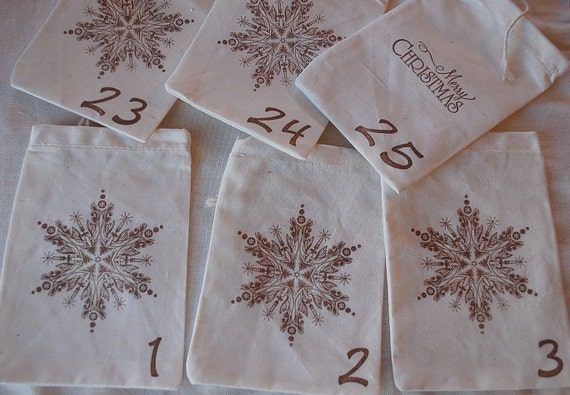 Set of 25 Vintage Christmas Snowflake Advent Calendar Organic Cotton Bags- 4x6 Il_570xn