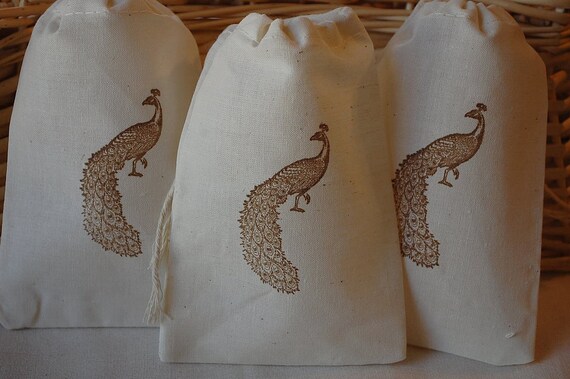 10 Peacock Hand Stamped Organic Muslin Favor Gift Bags 4x6 in Coffee brown Il_570xn