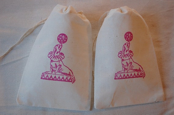10 Organic Muslin Gift Bags - Pink Vintage Circus Seal Birthday Party 4x6 inch Il_570xn