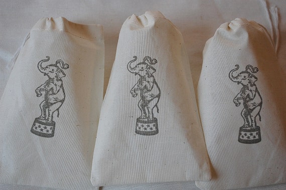 10 Organic Muslin Gift Bags - Gray Vintage Circus Elephant Birthday Party 4x6 inch Il_570xn