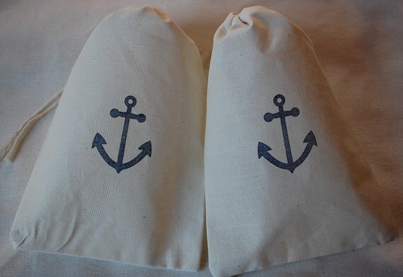 10 Blue Nautical Anchor Favor Gift Bags - Organic Muslin Cotton Drawstring Gift Bags 5x7 Il_570xn