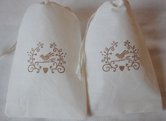 10 Woodland Bird Favor Bags - Organic Muslin Cotton 4x6 gift bags Great for Weddings & Birthday Parties Il_570xn