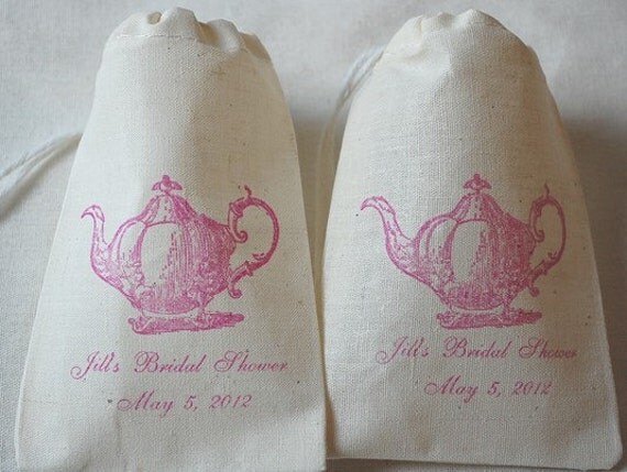 75 Personalized Bridal Shower Tea Party Favor Bags - Vintage Teapot Organic Cotton Gift Bags 3x5 Il_570xn