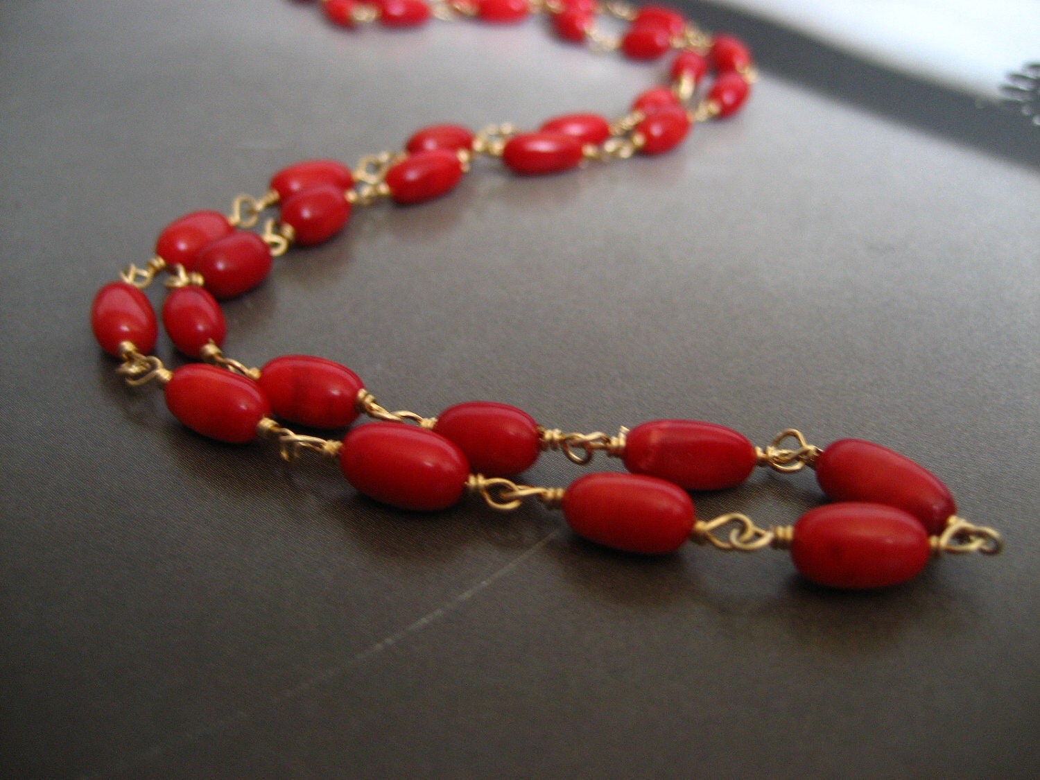 Rice shaped coral bead wire wrapped necklace
