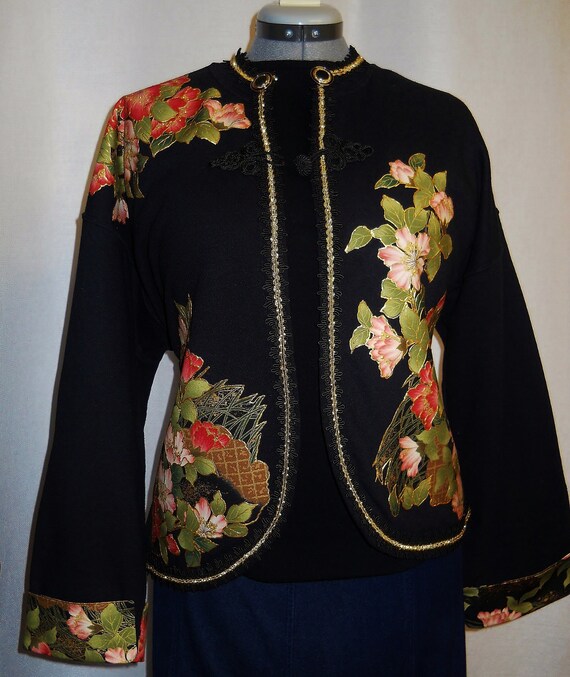 Items similar to Women's Black Jacket Custom Floral Fabric Applique ...
