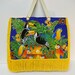 Exotic Bird Tote Canvas Royal Blue with Fabric Applique Design and Yellow Fringe
