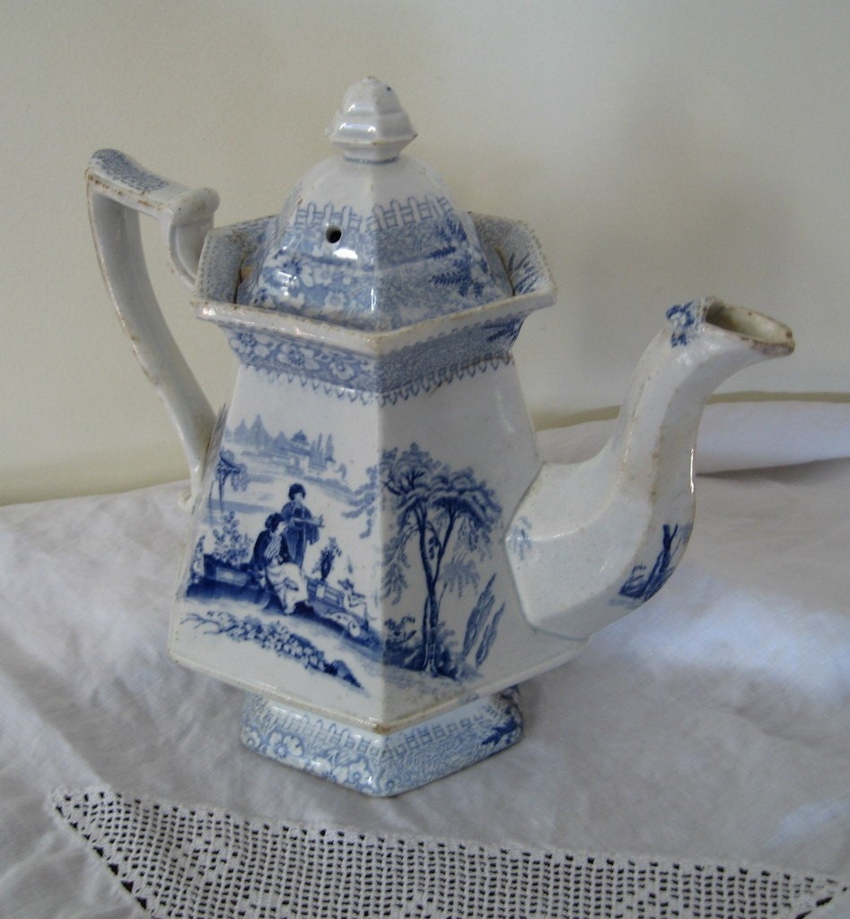 Vintage Teapot Blue Transferware Antique Cottage Shabby Chic