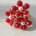 Marie-Christine cocktail ring - adjustable statement ring - cute floral red and goldtone plastic faux pearl and metal - repurposed vintage