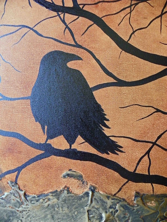 Multiple Canvas Textured Painting of Raven on Branch