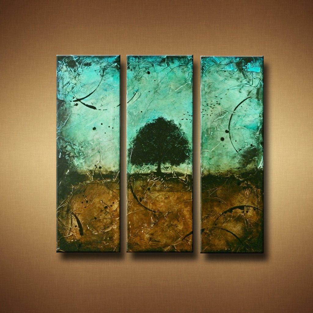 Abstract Tree Painting Tryptic Three Canvas Painting 30 x 30