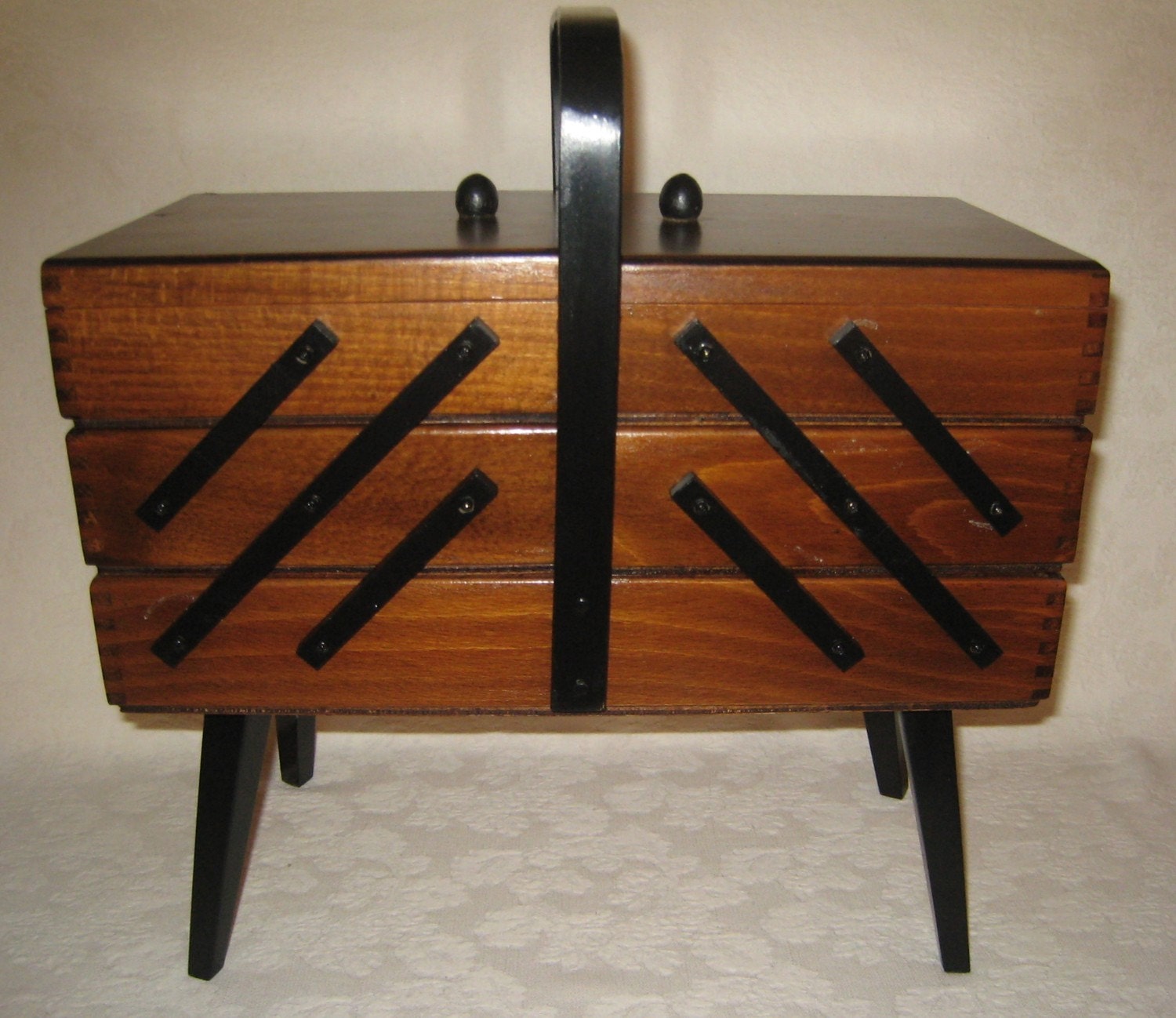 Vintage Wood Sewing Box Fold Out Drawers with Legs by cozyattic