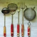 RESERVED: Vintage Red Wooden Utensils, retro kitchen, red wood handles with stripe, collection