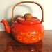 RESERVED: Vintage Enamel Teapot, Orage, retro, daisy flowers, wood handles