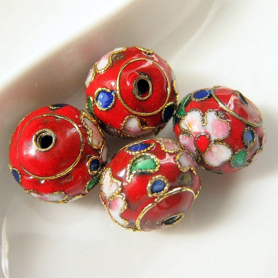 Four 4 Round Red Cloisonne Floral Beads