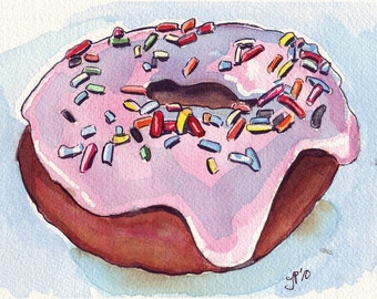 Watercolor Painting - Doughnut Art, Frosted Pink Donut Watercolor Art Print, 5x7