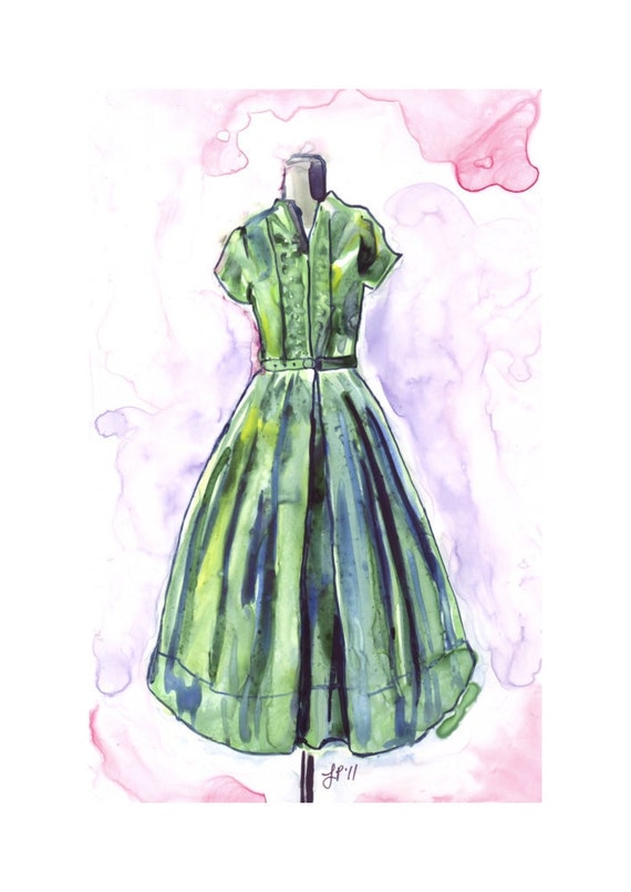  Watercolor  Painting  Fashion  Art  Green Vintage Dress