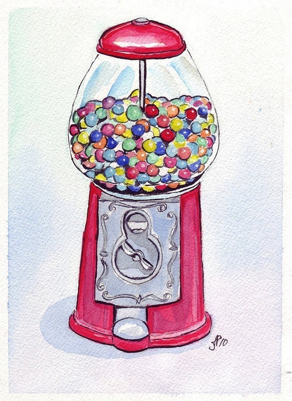 Gumball Machine Art Candy Watercolor Art Print 8x10