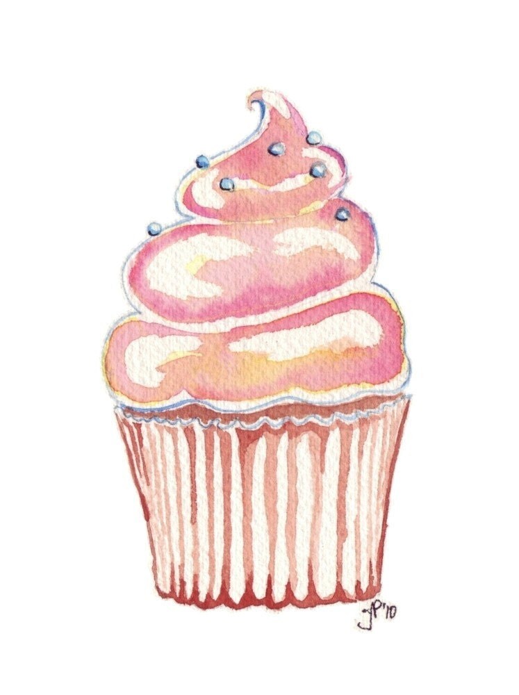Watercolor Painting Illustration Pink Cupcake Art Food Art