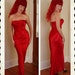 GLAMOROUS 1930's Style Crimson Red Silk Rayon Strapless Bias Cut Hourglass Long Gown w/ Train - Old Hollywood - Burlesque - VLV - Size M