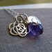 Personalized rose charm necklace, custom initial disc, sterling silver cable chain, birthstone, purple amethyst gemstone
