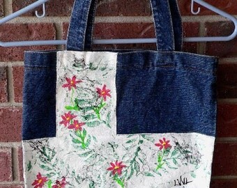 Fern and Flowers - Hand Painted Denim Tote Bag