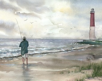 Lighthouse and Fisherman watercolor print, signed and matted