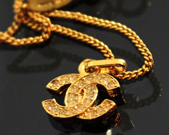 Chanel Necklace Gold Logo Rhinestone Vintage Chain Small