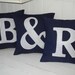 3 monogrammed pillow cases: 2 letters and an ampersand, navy with white, 16 x 16