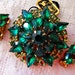 Vintage Dimensional Emerald Green and Peridot Rhinestone Brooch and Earring Set By Coro, Original Coro Tag Still Attached To Brooch