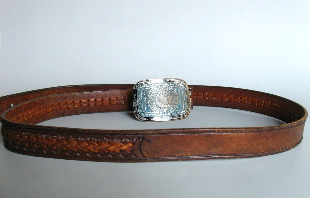 1960s Mens hippie/Western belt worn woven brown leather Taxco