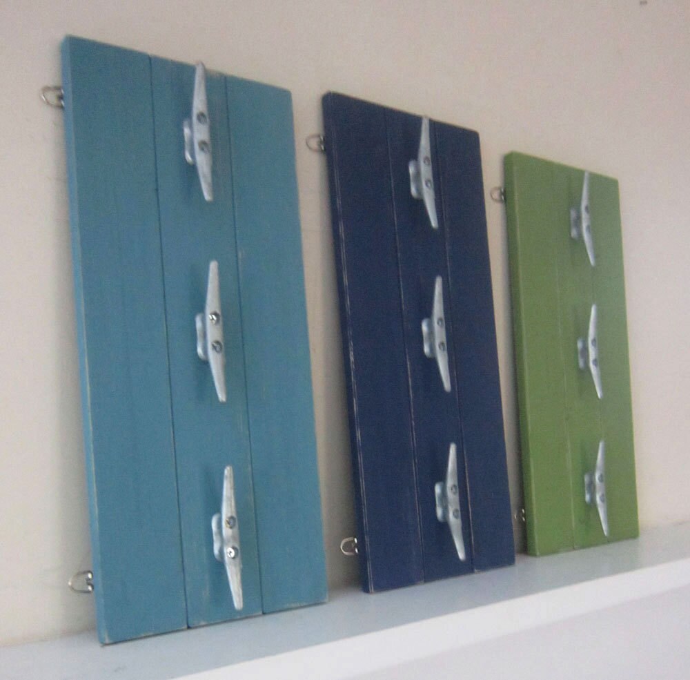 Distressed Turquoise Plank Coat Rack With Boat Cleats