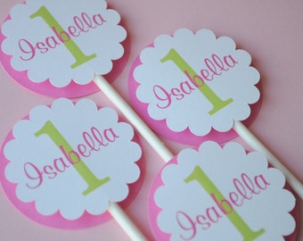 Cupcake Toppers - Girls 1st Birthday Party - Birthday Party Decorations - Pink and Lime Green - Personalized Cupcake Toppers - Set of 12