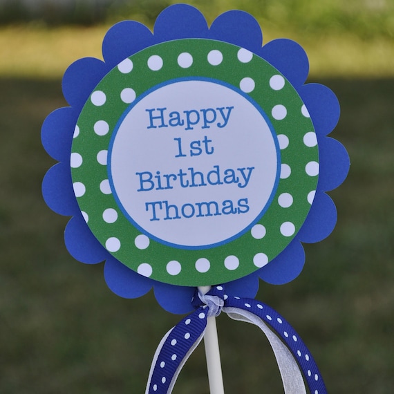 1st Birthday Cake Topper - Red, Blue and Green Polkadots - Personalized Birthday Decorations Il_570xn