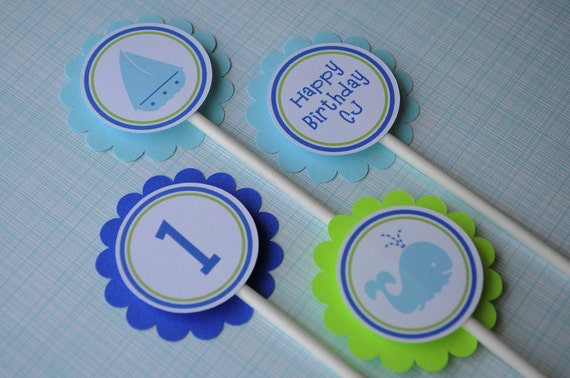 Whale 1st Birthday Cupcake Toppers, Nautical Birthday, Sailboat, Boys 1st Birthday, Kids Birthday Ideas, Birthday Party Decor - Set of 12 Il_570xn