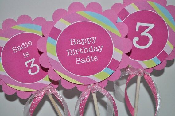 3 Centerpiece Sticks - Pink, Blue, Green and Yellow Stripe Il_570xn