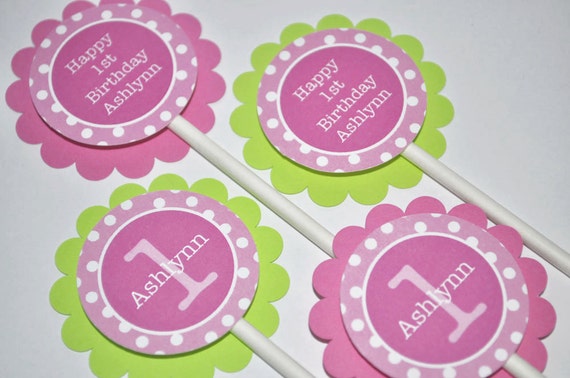 Girls 1st Birthday Cupcake Toppers, Party Decorations, Personalized Cupcake Toppers - Pink, Lime Green and White Polkadots - Set of 12 Il_570xn