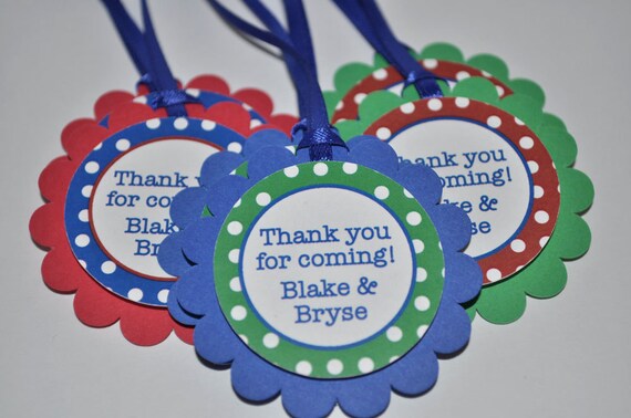 12 Birthday Favor Tags - Red, Blue and Green Polkadots - Personalized Birthday Decorations Il_570xn