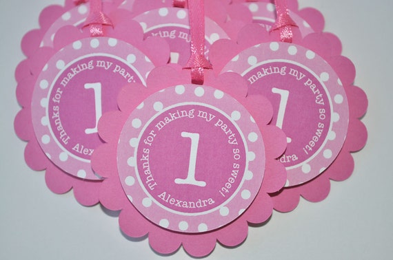 Girls 1st Birthday Party Favor Tags, Thank You Favor Tags, Pink and White Polkadot Party, Girls Birthday Party Decorations - Set of 12 Il_570xn
