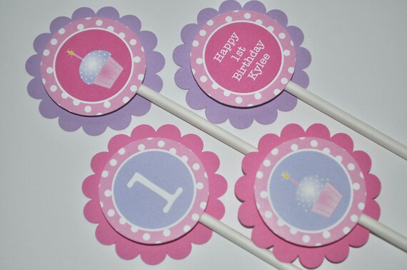 Girls 1st Birthday Cupcake Toppers, Girls Birthday Party Decorations, Cupcake Birthday, Polkadots Pink, Lavender with Cupcakes - Set of 12 Il_570xn