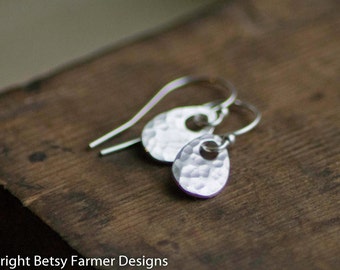 Simple Dainty Teardrop Sterling Silver Earrings - Rustic Hammered Finish