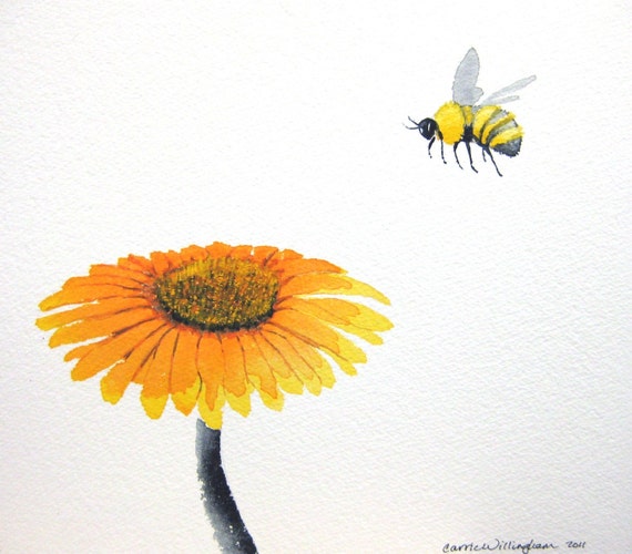 Bee and Flower 10x11 inch Original Watercolor Painting