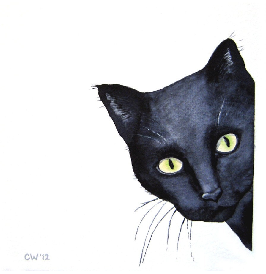 Items similar to Cat Art Curious Black Cat Signed Art 