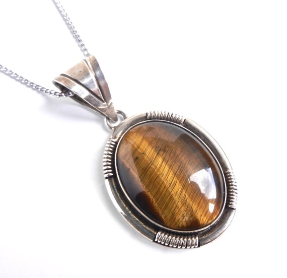 Tiger's Eye Sterling Silver Necklace Vintage Signed Ione